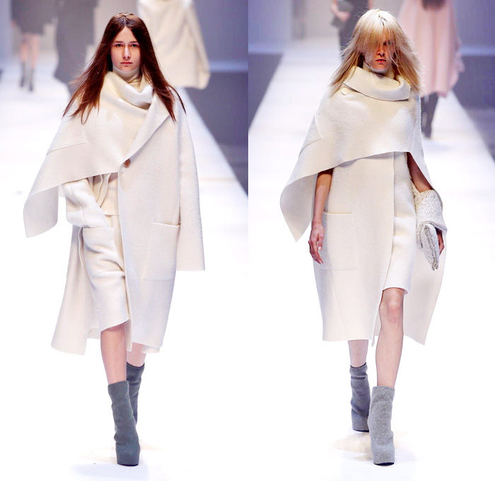 QIUHAO 2014-2015 Fall Autumn Winter Womens Runway Looks - Shanghai Fashion Week China - Wool Knitwear Knit Tie Up Drapery Wrap Triangle Triangular Angular Cone Cape Minimalist Outerwear Coat Topcoat Overcoat Asymmetrical Uneven Skirt Frock Dress Shawl Robe Funnelneck Half Sleeve One Off Shoulder Oversized Half and Half One Side Fabric Roll Button Lines White Dress White Ensemble