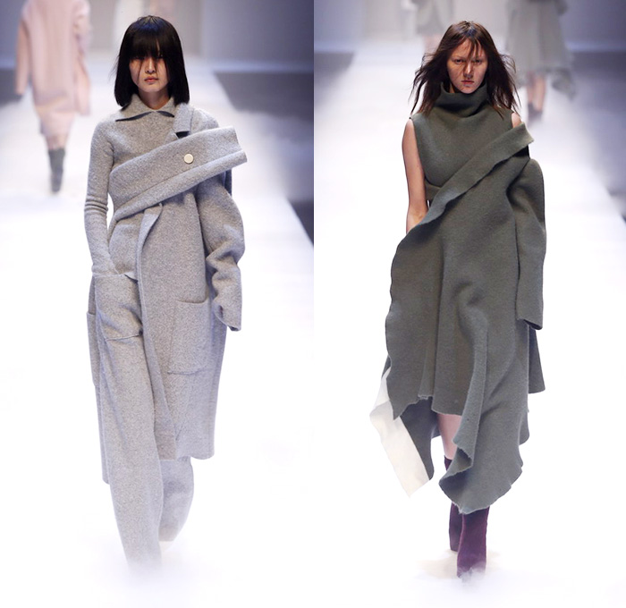 QIUHAO 2014-2015 Fall Autumn Winter Womens Runway Looks - Shanghai Fashion Week China - Wool Knitwear Knit Tie Up Drapery Wrap Triangle Triangular Angular Cone Cape Minimalist Outerwear Coat Topcoat Overcoat Asymmetrical Uneven Skirt Frock Dress Shawl Robe Funnelneck Half Sleeve One Off Shoulder Oversized Half and Half One Side Fabric Roll Button Lines White Dress White Ensemble