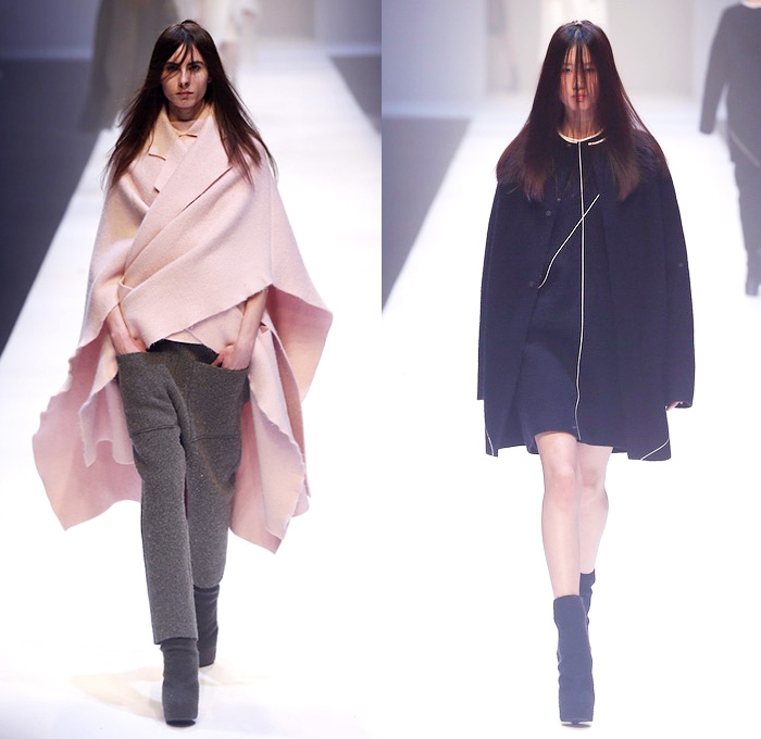 QIUHAO 2014-2015 Fall Autumn Winter Womens Runway Looks - Shanghai Fashion Week China - Wool Knitwear Knit Tie Up Drapery Wrap Triangle Triangular Angular Cone Cape Minimalist Outerwear Coat Topcoat Overcoat Asymmetrical Uneven Skirt Frock Dress Shawl Robe Funnelneck Half Sleeve One Off Shoulder Oversized Half and Half One Side Fabric Roll Button Lines White Dress White Ensemble
