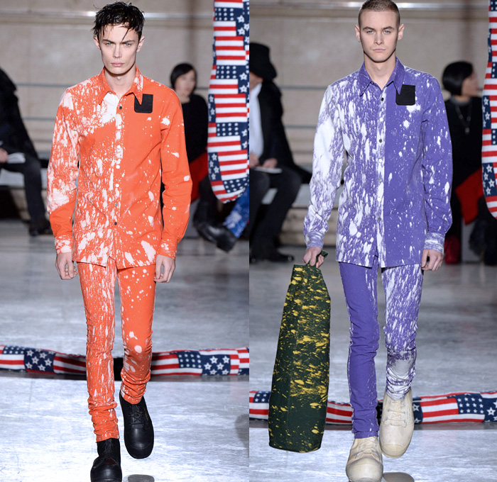 Raf Simons 2014-2015 Fall Autumn Winter Mens Runway Looks Fashion - Paris Fashion Week Mode à Paris Masculine Défilés - Artwork Abstract Paint Splatters Knit Patchwork Turtleneck Sweater Jumper Oversized Trench Coat Peacoat Overcoat Topcoat Bomber Jacket Camouflage Stripes Multi-Panel Geometric