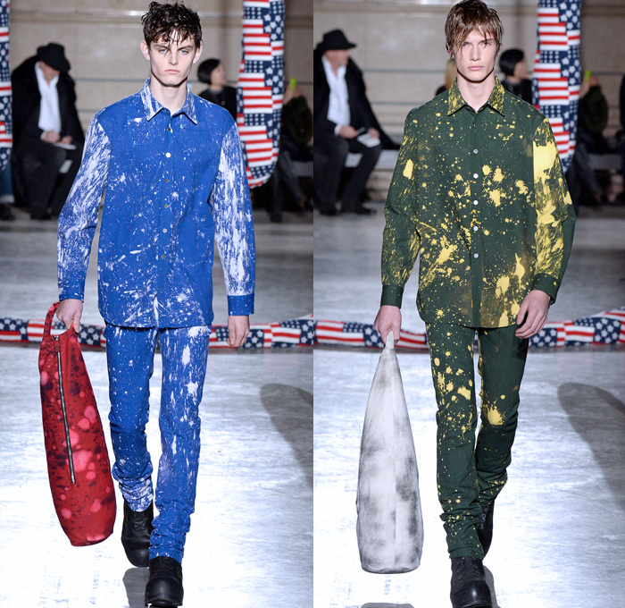 Raf Simons 2014-2015 Fall Autumn Winter Mens Runway Looks Fashion - Paris Fashion Week Mode à Paris Masculine Défilés - Artwork Abstract Paint Splatters Knit Patchwork Turtleneck Sweater Jumper Oversized Trench Coat Peacoat Overcoat Topcoat Bomber Jacket Camouflage Stripes Multi-Panel Geometric