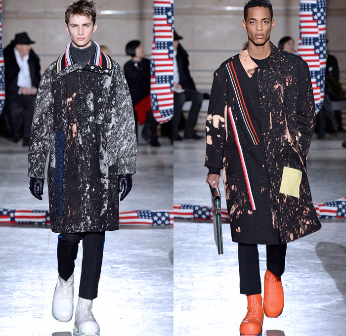 Raf Simons 2014-2015 Fall Autumn Winter Mens Runway Looks Fashion - Paris Fashion Week Mode à Paris Masculine Défilés - Artwork Abstract Paint Splatters Knit Patchwork Turtleneck Sweater Jumper Oversized Trench Coat Peacoat Overcoat Topcoat Bomber Jacket Camouflage Stripes Multi-Panel Geometric