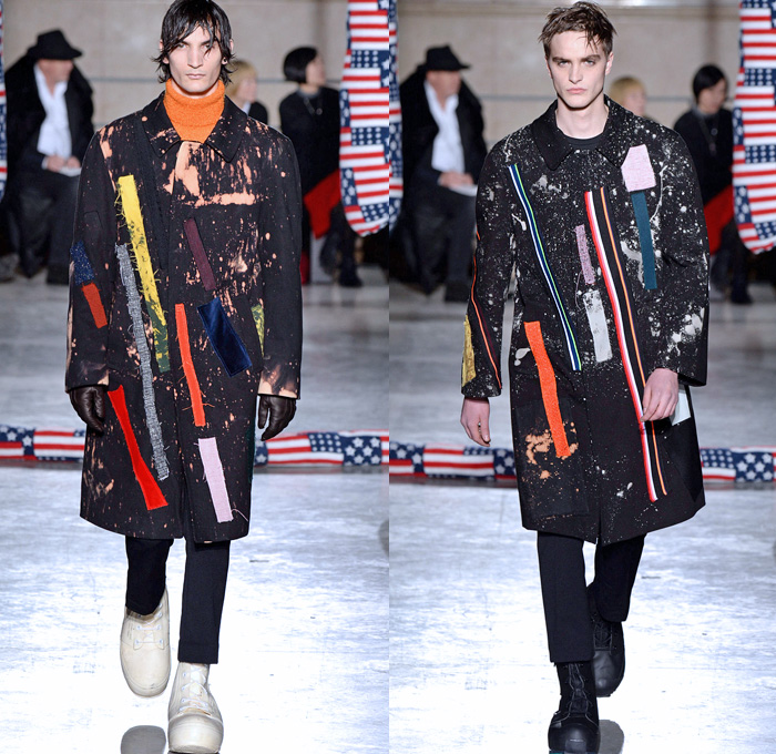 Raf Simons 2014-2015 Fall Autumn Winter Mens Runway Looks Fashion - Paris Fashion Week Mode à Paris Masculine Défilés - Artwork Abstract Paint Splatters Knit Patchwork Turtleneck Sweater Jumper Oversized Trench Coat Peacoat Overcoat Topcoat Bomber Jacket Camouflage Stripes Multi-Panel Geometric