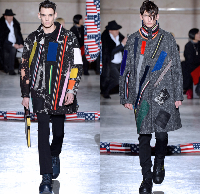 Raf Simons 2014-2015 Fall Autumn Winter Mens Runway Looks Fashion - Paris Fashion Week Mode à Paris Masculine Défilés - Artwork Abstract Paint Splatters Knit Patchwork Turtleneck Sweater Jumper Oversized Trench Coat Peacoat Overcoat Topcoat Bomber Jacket Camouflage Stripes Multi-Panel Geometric