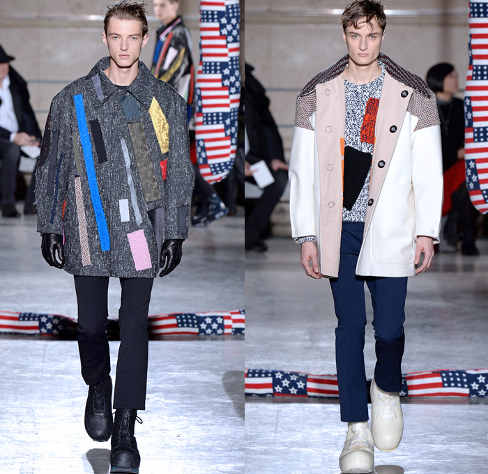 Raf Simons 2014-2015 Fall Autumn Winter Mens Runway Looks Fashion - Paris Fashion Week Mode à Paris Masculine Défilés - Artwork Abstract Paint Splatters Knit Patchwork Turtleneck Sweater Jumper Oversized Trench Coat Peacoat Overcoat Topcoat Bomber Jacket Camouflage Stripes Multi-Panel Geometric