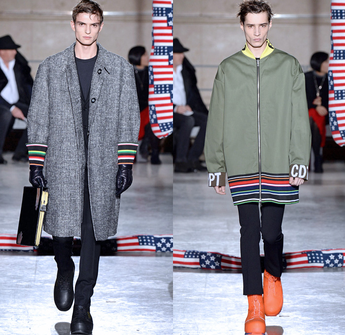 Raf Simons 2014-2015 Fall Autumn Winter Mens Runway Looks Fashion - Paris Fashion Week Mode à Paris Masculine Défilés - Artwork Abstract Paint Splatters Knit Patchwork Turtleneck Sweater Jumper Oversized Trench Coat Peacoat Overcoat Topcoat Bomber Jacket Camouflage Stripes Multi-Panel Geometric