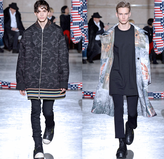 Raf Simons 2014-2015 Fall Autumn Winter Mens Runway Looks Fashion - Paris Fashion Week Mode à Paris Masculine Défilés - Artwork Abstract Paint Splatters Knit Patchwork Turtleneck Sweater Jumper Oversized Trench Coat Peacoat Overcoat Topcoat Bomber Jacket Camouflage Stripes Multi-Panel Geometric