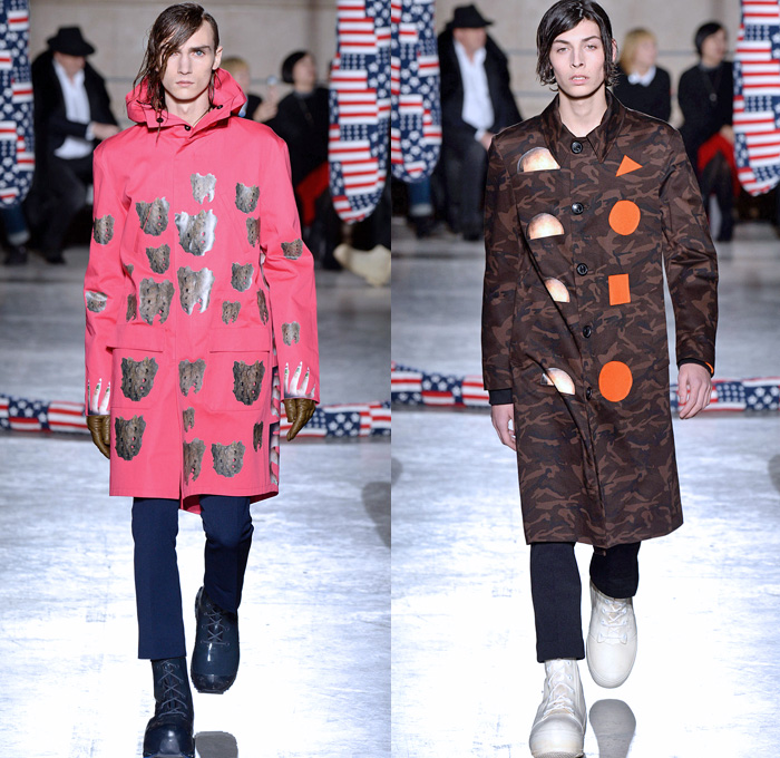 Raf Simons 2014-2015 Fall Autumn Winter Mens Runway Looks Fashion - Paris Fashion Week Mode à Paris Masculine Défilés - Artwork Abstract Paint Splatters Knit Patchwork Turtleneck Sweater Jumper Oversized Trench Coat Peacoat Overcoat Topcoat Bomber Jacket Camouflage Stripes Multi-Panel Geometric