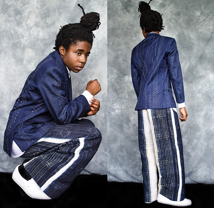 Renée Bedell 2014-2015 Fall Autumn Winter Mens Lookbook Collection - Denim Jeans Indigo Laser Cut Perforated Mesh Pants Trousers Tapered Slouchy Long Sleeve Shirt iPad Case Wide Leg Palazzo Pants Outerwear Blazer Stripes Double Breasted Ornamental Art Long Coat