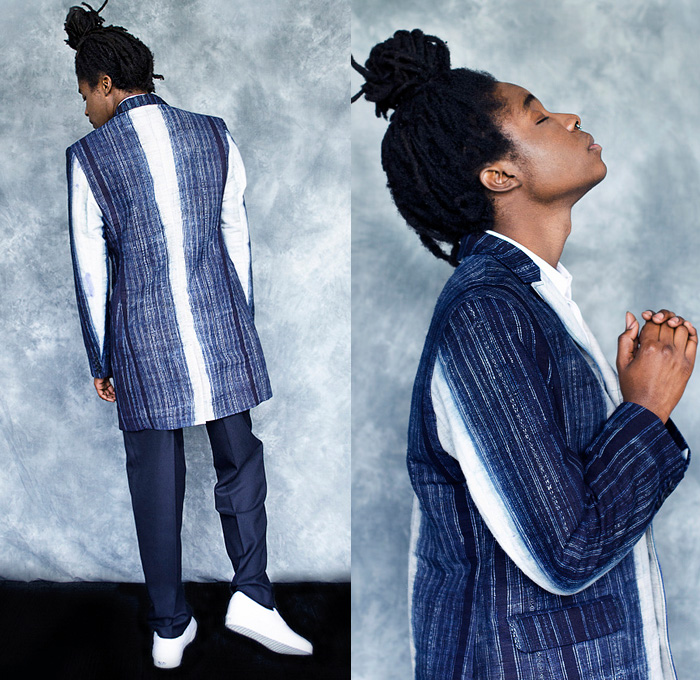 Renée Bedell 2014-2015 Fall Autumn Winter Mens Lookbook Collection - Denim Jeans Indigo Laser Cut Perforated Mesh Pants Trousers Tapered Slouchy Long Sleeve Shirt iPad Case Wide Leg Palazzo Pants Outerwear Blazer Stripes Double Breasted Ornamental Art Long Coat