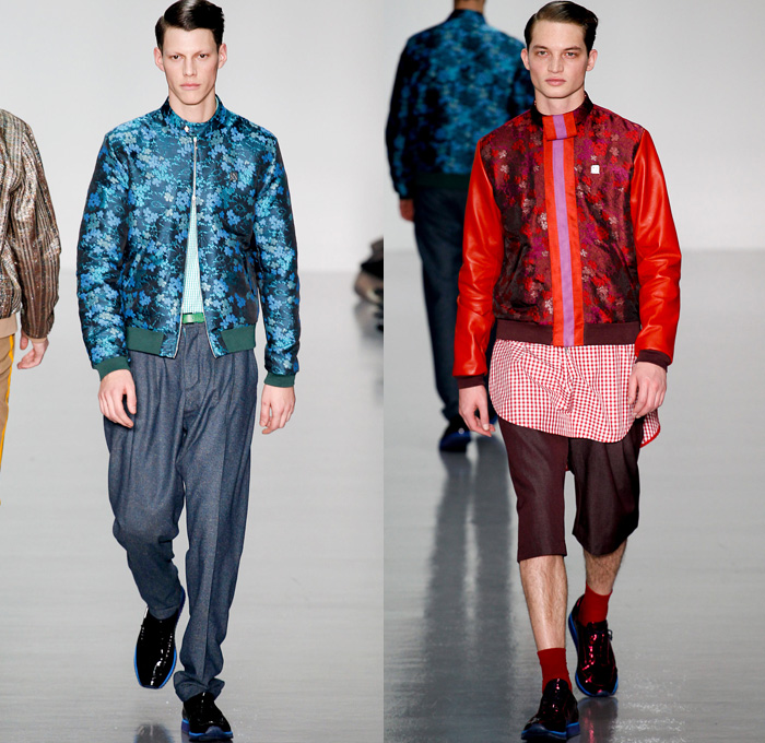 Richard Nicoll 2014-2015 Fall Autumn Winter Mens Runway Looks Fashion - London Collections - Pseudo Denim Jean Trucker Jacket Outerwear Oversized Trench Coat Bomber Varsity Jacket Checks Plaid Flowers Floral Print Ruffles Button Down Shirt