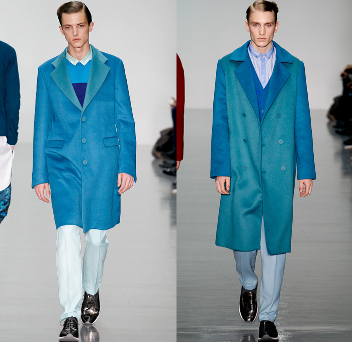 Richard Nicoll 2014-2015 Fall Autumn Winter Mens Runway Looks Fashion - London Collections - Pseudo Denim Jean Trucker Jacket Outerwear Oversized Trench Coat Bomber Varsity Jacket Checks Plaid Flowers Floral Print Ruffles Button Down Shirt