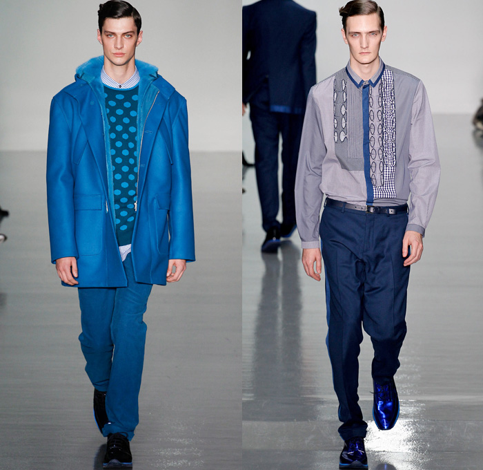 Richard Nicoll 2014-2015 Fall Autumn Winter Mens Runway Looks Fashion - London Collections - Pseudo Denim Jean Trucker Jacket Outerwear Oversized Trench Coat Bomber Varsity Jacket Checks Plaid Flowers Floral Print Ruffles Button Down Shirt