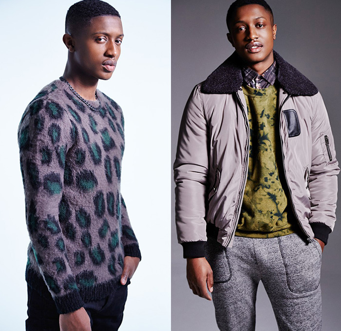 River Island 2014-2015 Fall Autumn Winter Mens Lookbook Collection - Denim Jeans Ripped Destroyed Destructed Plaid Outerwear Coat Blazer Sportcoat Bomber Down Jacket Scarf Knit Quilted Puffer Parka Leather Motorcycle Biker Rider Cheetah Leopard Sweater Jumper Jogging Sweatpants Pants Trousers Multi-Panel Ornamental Print Decorative Art Topcoat Overcoat Shawl Turtleneck - Menswear Looks Fashion Style
