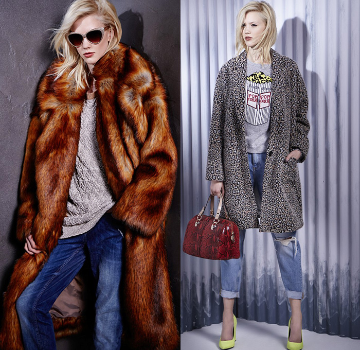 River Island 2014-2015 Fall Autumn Winter Womens Lookbook Fashion Style Collection - Denim Jeans Furry Oversized Outerwear Coat Chunky Knit Sweater Jumper Knit Animal Leopard Print Pattern Motif Zebra Stripes Grunge Multi-Panel White Ensemble Windowpane Checks Ethnic Folk Ornamental Print Decorative Art Hat Plaid Ribbed Frock Leather Mini Skirt Shirtdress Maxi Dress Flowers Florals Lace Mesh Peek-A-Boo Fringes Metallic Reptile Snake