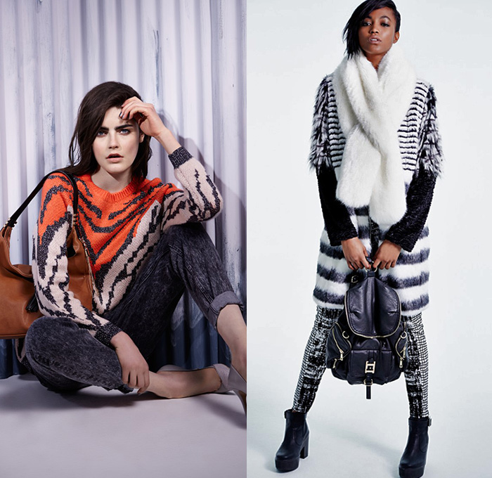 River Island 2014-2015 Fall Autumn Winter Womens Lookbook Fashion Style Collection - Denim Jeans Furry Oversized Outerwear Coat Chunky Knit Sweater Jumper Knit Animal Leopard Print Pattern Motif Zebra Stripes Grunge Multi-Panel White Ensemble Windowpane Checks Ethnic Folk Ornamental Print Decorative Art Hat Plaid Ribbed Frock Leather Mini Skirt Shirtdress Maxi Dress Flowers Florals Lace Mesh Peek-A-Boo Fringes Metallic Reptile Snake