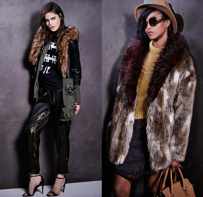 River Island 2014-2015 Fall Autumn Winter Womens Lookbook Fashion Style Collection - Denim Jeans Furry Oversized Outerwear Coat Chunky Knit Sweater Jumper Knit Animal Leopard Print Pattern Motif Zebra Stripes Grunge Multi-Panel White Ensemble Windowpane Checks Ethnic Folk Ornamental Print Decorative Art Hat Plaid Ribbed Frock Leather Mini Skirt Shirtdress Maxi Dress Flowers Florals Lace Mesh Peek-A-Boo Fringes Metallic Reptile Snake