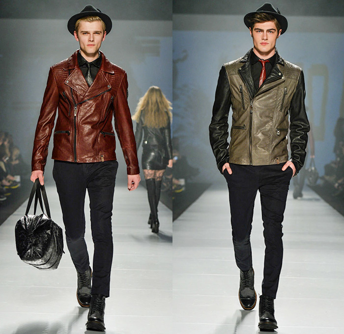 Rudsak 2014-2015 Fall Autumn Winter Mens Runway Looks - World MasterCard Fashion Week Toronto Canada Catwalk Fashion Show - Skinny Pants Trousers Motorcycle Biker Rider Leather Ribbed Panel Shoulders Multi Panel Checks Outerwear Coat Gloves Vest Waistcoat Down Puffer Layers Necktie Furry Backpack Hat Duffel Bag Luggage Metallic Blazer