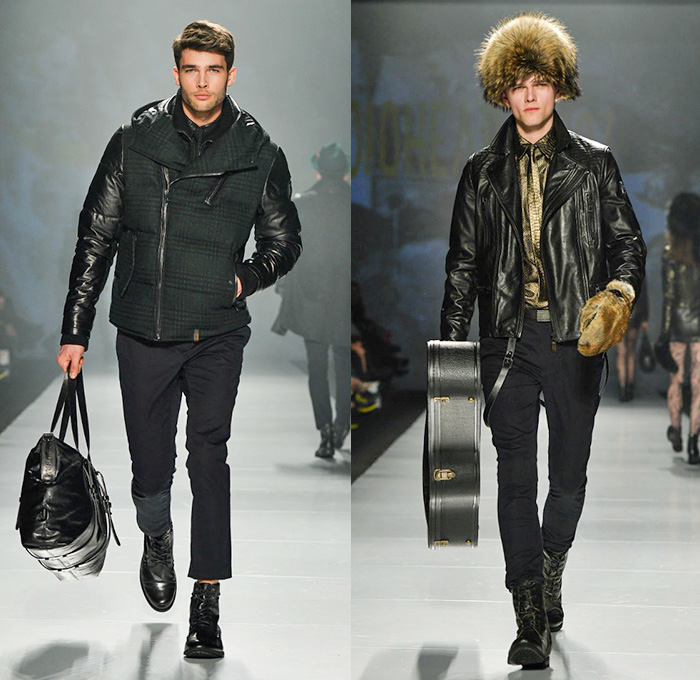 Rudsak 2014-2015 Fall Autumn Winter Mens Runway Looks - World MasterCard Fashion Week Toronto Canada Catwalk Fashion Show - Skinny Pants Trousers Motorcycle Biker Rider Leather Ribbed Panel Shoulders Multi Panel Checks Outerwear Coat Gloves Vest Waistcoat Down Puffer Layers Necktie Furry Backpack Hat Duffel Bag Luggage Metallic Blazer