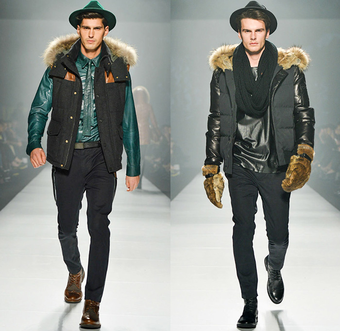 Rudsak 2014-2015 Fall Autumn Winter Mens Runway Looks - World MasterCard Fashion Week Toronto Canada Catwalk Fashion Show - Skinny Pants Trousers Motorcycle Biker Rider Leather Ribbed Panel Shoulders Multi Panel Checks Outerwear Coat Gloves Vest Waistcoat Down Puffer Layers Necktie Furry Backpack Hat Duffel Bag Luggage Metallic Blazer