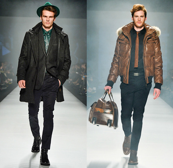 Rudsak 2014-2015 Fall Autumn Winter Mens Runway Looks - World MasterCard Fashion Week Toronto Canada Catwalk Fashion Show - Skinny Pants Trousers Motorcycle Biker Rider Leather Ribbed Panel Shoulders Multi Panel Checks Outerwear Coat Gloves Vest Waistcoat Down Puffer Layers Necktie Furry Backpack Hat Duffel Bag Luggage Metallic Blazer