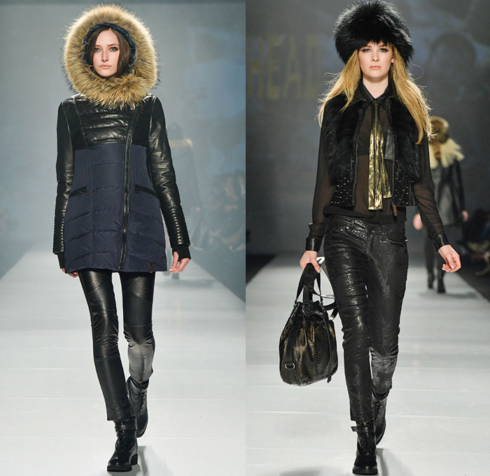 Rudsak 2014-2015 Fall Autumn Winter Womens Runway Looks - World MasterCard Fashion Week Toronto Canada Catwalk Fashion Show - Jeans Skinny Pants Leggings Furry Hoodie Outerwear Coat Parka Ribbed Panel Boots Multi-Panel Necktie Blouse Sheer Chiffon Peek-a-Boo Blazer Metallic Trench Coat Net Stockings Mini Skirt Motorcycle Biker Rider Vines Dress