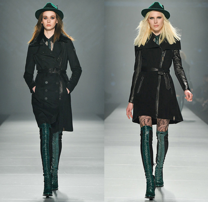 Rudsak 2014-2015 Fall Autumn Winter Womens Runway Looks - World MasterCard Fashion Week Toronto Canada Catwalk Fashion Show - Jeans Skinny Pants Leggings Furry Hoodie Outerwear Coat Parka Ribbed Panel Boots Multi-Panel Necktie Blouse Sheer Chiffon Peek-a-Boo Blazer Metallic Trench Coat Net Stockings Mini Skirt Motorcycle Biker Rider Vines Dress