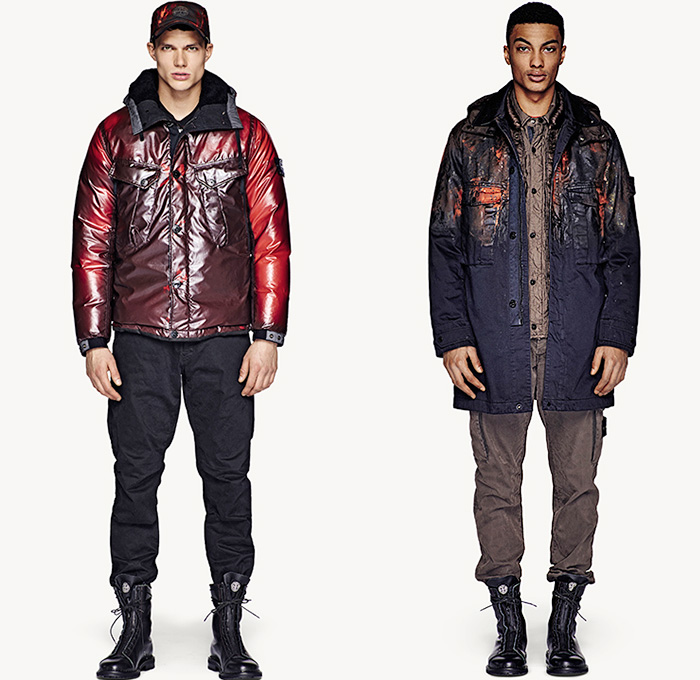 (01a) 43098 Ice Jacket - Thermo Sensitive Textile - (01b) 70565 Raso Hand Painted Tortoise Shell - 6115 Stone Island 2014-2015 Fall Autumn Winter Mens Preview Looks - Outerwear Coat Down Jacket Parka Thermo Sensitive Textile Grunge Cargo Pockets Outdoorsman Snow Ice Denim Jeans Tortoise Shell Sheepskin Wool