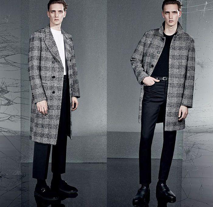sandro Paris 2014-2015 Fall Autumn Winter Mens Lookbook Collection - Outerwear Parka Jacket Hoodie Abstract Marbled Checks Trousers Trench Coat Topcoat Overcoat Turtleneck Moto Motorcycle Biker Rider Bomber Aviator Jacket Utility Pocket Cropped Pants