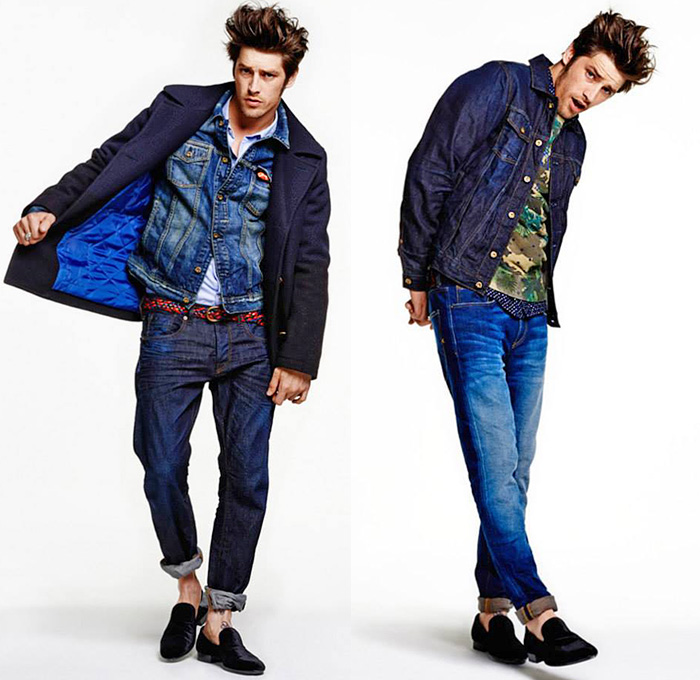 Scotch + Soda Amsterdams Blauw 2014-2015 Fall Autumn Winter Mens Lookbook Collection Amsterdam The Netherlands - Denim Jeans Vintage Destroyed Destructed Grunge Marbled Outerwear Jacket Quilted Shearling Zipper Bomber Jacket Blazer Stripes Knit Sweater Jumper Tights Leggings Tapered Loafers Vest Waistcoat Camo Camouflage Cardigan Leaves Foliage Fauna