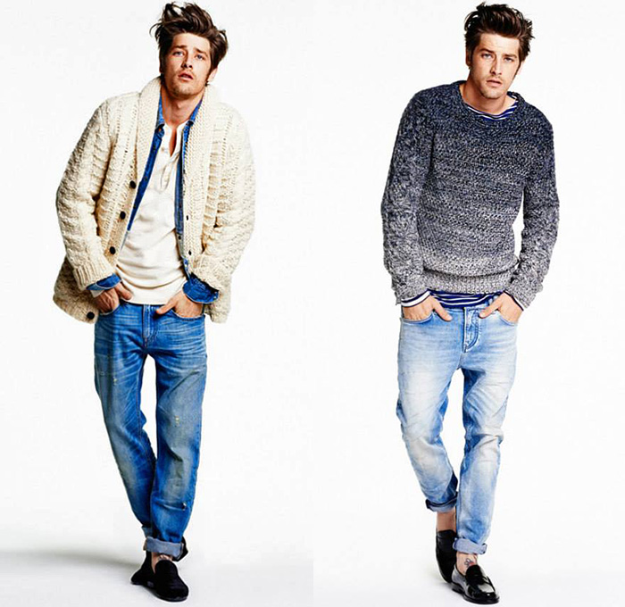 Scotch + Soda Amsterdams Blauw 2014-2015 Fall Autumn Winter Mens Lookbook Collection Amsterdam The Netherlands - Denim Jeans Vintage Destroyed Destructed Grunge Marbled Outerwear Jacket Quilted Shearling Zipper Bomber Jacket Blazer Stripes Knit Sweater Jumper Tights Leggings Tapered Loafers Vest Waistcoat Camo Camouflage Cardigan Leaves Foliage Fauna