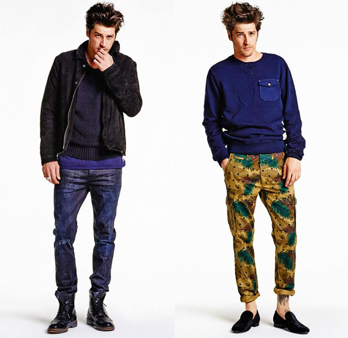 Scotch + Soda Amsterdams Blauw 2014-2015 Fall Autumn Winter Mens Lookbook Collection Amsterdam The Netherlands - Denim Jeans Vintage Destroyed Destructed Grunge Marbled Outerwear Jacket Quilted Shearling Zipper Bomber Jacket Blazer Stripes Knit Sweater Jumper Tights Leggings Tapered Loafers Vest Waistcoat Camo Camouflage Cardigan Leaves Foliage Fauna