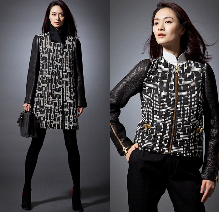 (05a) Wool Blend Coat With Cashmere Sleeves - (05b) Wool Blend Zip Jacket With Leather Sleeve - Shanghai Tang Hong Kong China 2014-2015 Fall Autumn Winter Womens Early Arrivals Fashion Collection - Art Flower Florals Botanical Print Silk Qipao Boiled Wool Colour Block Cardigan Silk Blend Ikat Tiger Jacquard Dress Poly Cotton Pants Trousers Cap Sleeve Cashmere Zip Jacket Leather Batwings