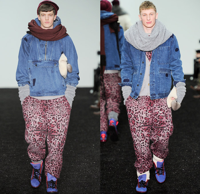 Sibling 2014-2015 Fall Autumn Winter Mens Runway Looks Fashion - London Collections - Denim Jeans Hoodie Sweatshirt Animal Safari Leopard Cheetah Print Motif Chunky Knit Sweater Jumper Outerwear Coat Crochet Snow Sports Cardigan Sweatpants Oversized Lounge Pajamas Androgyny