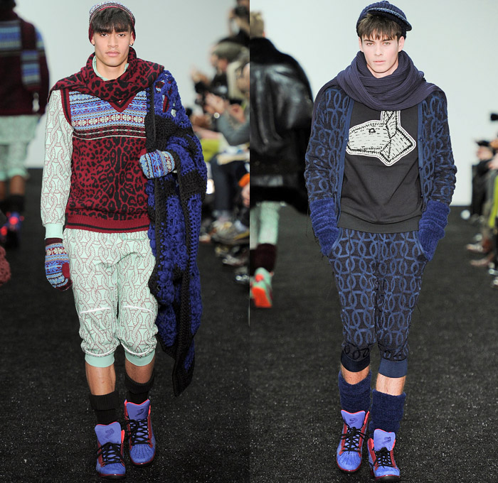 Sibling 2014-2015 Fall Autumn Winter Mens Runway Looks Fashion - London Collections - Denim Jeans Hoodie Sweatshirt Animal Safari Leopard Cheetah Print Motif Chunky Knit Sweater Jumper Outerwear Coat Crochet Snow Sports Cardigan Sweatpants Oversized Lounge Pajamas Androgyny