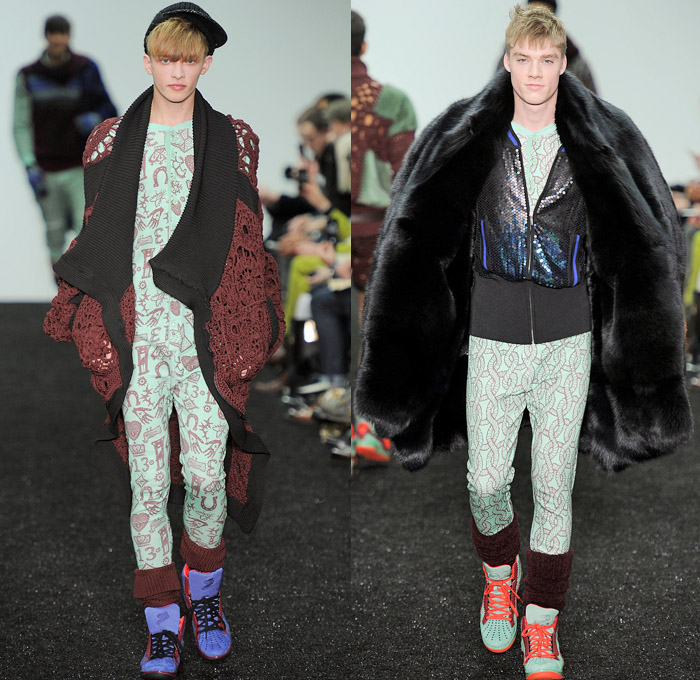 Sibling 2014-2015 Fall Autumn Winter Mens Runway Looks Fashion - London Collections - Denim Jeans Hoodie Sweatshirt Animal Safari Leopard Cheetah Print Motif Chunky Knit Sweater Jumper Outerwear Coat Crochet Snow Sports Cardigan Sweatpants Oversized Lounge Pajamas Androgyny