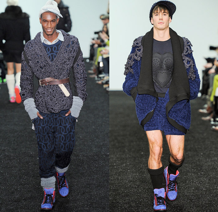 Sibling 2014-2015 Fall Autumn Winter Mens Runway Looks Fashion - London Collections - Denim Jeans Hoodie Sweatshirt Animal Safari Leopard Cheetah Print Motif Chunky Knit Sweater Jumper Outerwear Coat Crochet Snow Sports Cardigan Sweatpants Oversized Lounge Pajamas Androgyny