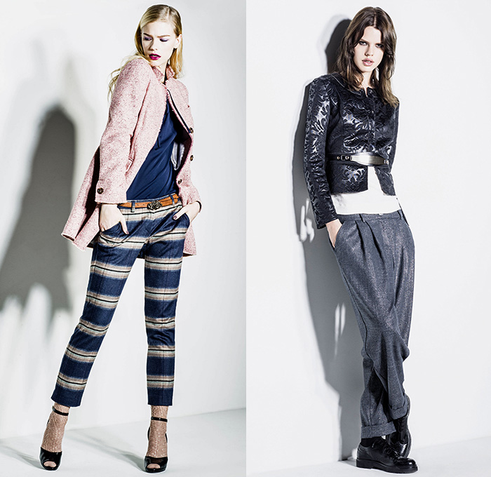 Sisley Italy 2014-2015 Fall Autumn Winter Womens Lookbook Collection - Denim Jeans Destroyed Destructed Quilted Leather Outerwear Ombre Bleached Knit Crinkles Belted Waist Wide Leg Trousers Pants Culottes Gauchos Windowpane Check Blazer Abstract Sweater Jumper Flowers Florals Brocade Pantsuit Silk Waistcoat Vest Leggings Tights Shorts Leopard Furry Accordion Pleats Bomber Jacket Midi Skirt Lace Ruffles Dress Shirtdress Plaid