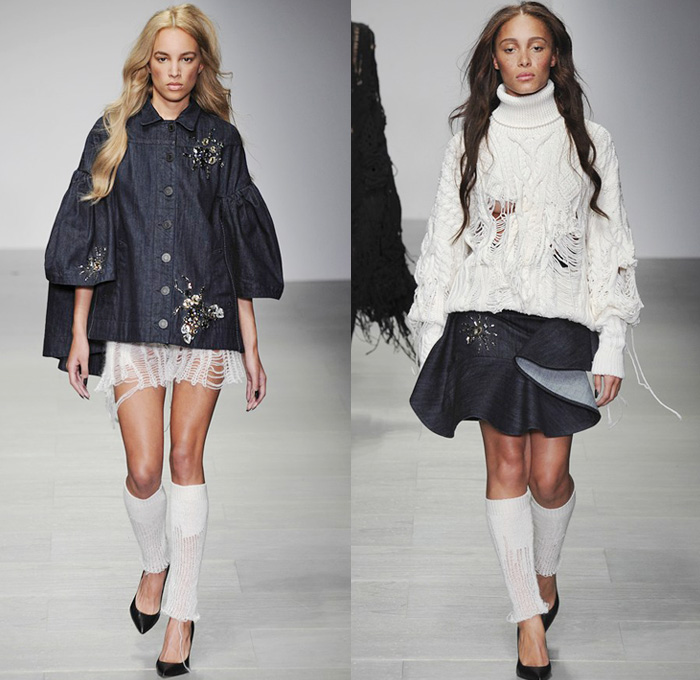 Sister by Sibling 2014-2015 Fall Autumn Winter Womens Runway Looks - London Fashion Week Catwalk England British UK - Denim Jeans Bell Sleeve Ruffles Embroidery Embellishments Knit Crochet Rag Turtleneck Chunky Knit Skirt Frock Frayed Trucker Shirt Wide Leg Palazzo Pants Bohemian Seventies Gothic Hippie Outerwear Coat Jacket Dress 