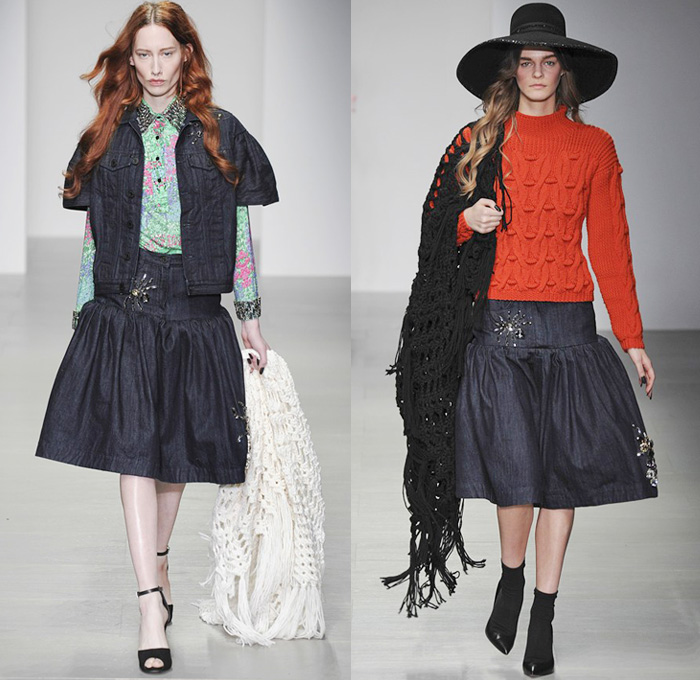 Sister by Sibling 2014-2015 Fall Autumn Winter Womens Runway Looks - London Fashion Week Catwalk England British UK - Denim Jeans Bell Sleeve Ruffles Embroidery Embellishments Knit Crochet Rag Turtleneck Chunky Knit Skirt Frock Frayed Trucker Shirt Wide Leg Palazzo Pants Bohemian Seventies Gothic Hippie Outerwear Coat Jacket Dress 