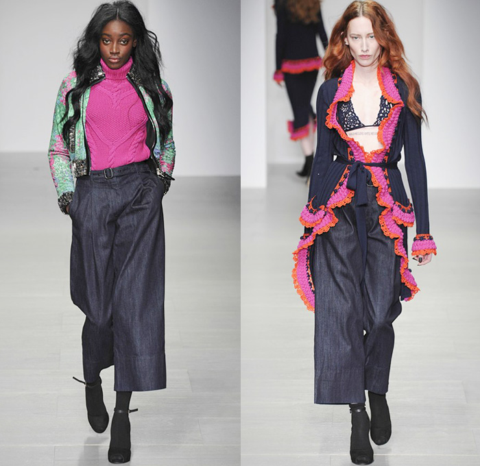 Sister by Sibling 2014-2015 Fall Autumn Winter Womens Runway Looks - London Fashion Week Catwalk England British UK - Denim Jeans Bell Sleeve Ruffles Embroidery Embellishments Knit Crochet Rag Turtleneck Chunky Knit Skirt Frock Frayed Trucker Shirt Wide Leg Palazzo Pants Bohemian Seventies Gothic Hippie Outerwear Coat Jacket Dress 