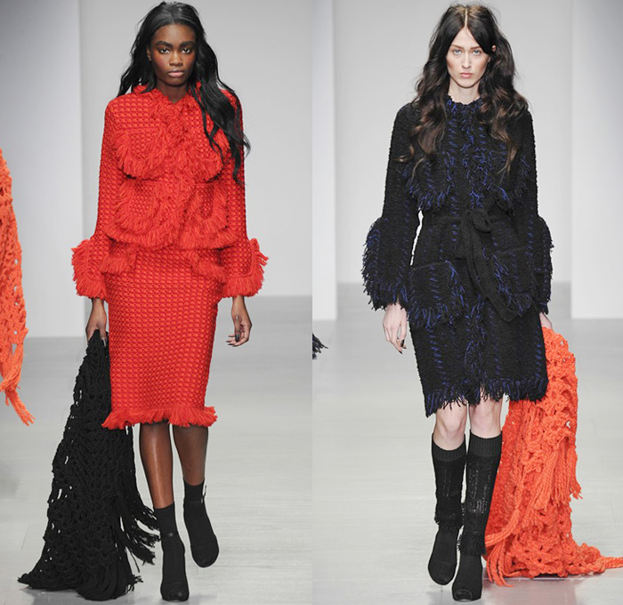 Sister by Sibling 2014-2015 Fall Autumn Winter Womens Runway Looks - London Fashion Week Catwalk England British UK - Denim Jeans Bell Sleeve Ruffles Embroidery Embellishments Knit Crochet Rag Turtleneck Chunky Knit Skirt Frock Frayed Trucker Shirt Wide Leg Palazzo Pants Bohemian Seventies Gothic Hippie Outerwear Coat Jacket Dress 