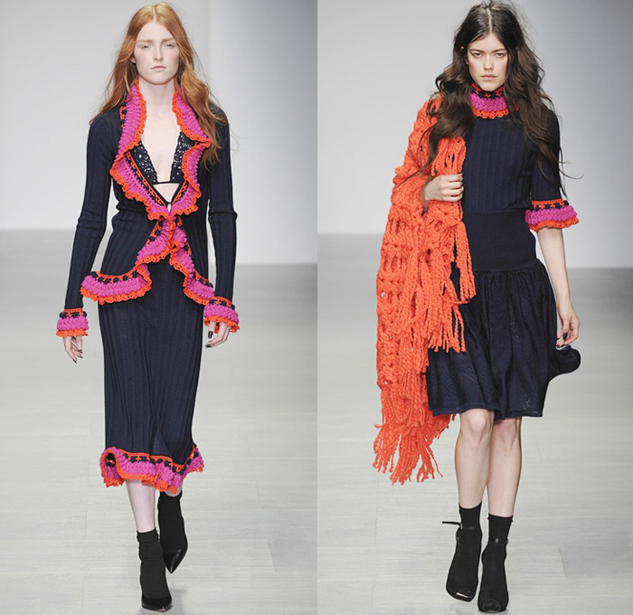 Sister by Sibling 2014-2015 Fall Autumn Winter Womens Runway Looks - London Fashion Week Catwalk England British UK - Denim Jeans Bell Sleeve Ruffles Embroidery Embellishments Knit Crochet Rag Turtleneck Chunky Knit Skirt Frock Frayed Trucker Shirt Wide Leg Palazzo Pants Bohemian Seventies Gothic Hippie Outerwear Coat Jacket Dress 