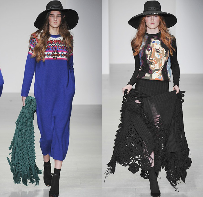 Sister by Sibling 2014-2015 Fall Autumn Winter Womens Runway Looks - London Fashion Week Catwalk England British UK - Denim Jeans Bell Sleeve Ruffles Embroidery Embellishments Knit Crochet Rag Turtleneck Chunky Knit Skirt Frock Frayed Trucker Shirt Wide Leg Palazzo Pants Bohemian Seventies Gothic Hippie Outerwear Coat Jacket Dress 