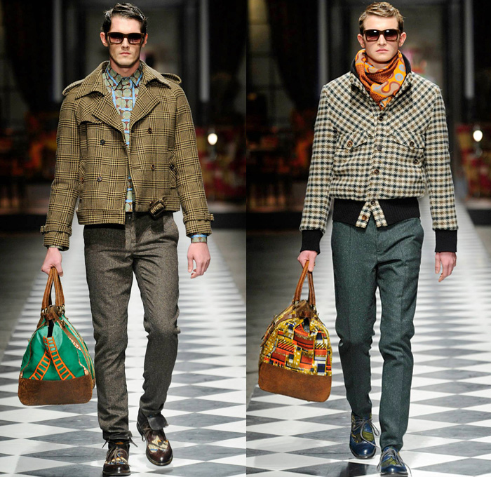 Stella Jean 2014-2015 Fall Autumn Winter Mens Runway Looks Fashion - Pitti Immagine Uomo 85 - Gentleman's Club British London Victorian Era Ornamental Prints Decorative Art Peacoat Checks Scarf Bomber Jacket Brogues Duffel Bag Nautical Trench Coat Psychedelic Motif Pattern Boots Layers Suit Robe Shawl Collar Dandy Dapper