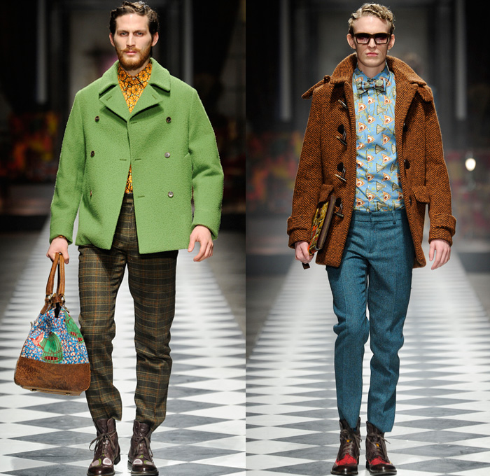 Stella Jean 2014-2015 Fall Autumn Winter Mens Runway Looks Fashion - Pitti Immagine Uomo 85 - Gentleman's Club British London Victorian Era Ornamental Prints Decorative Art Peacoat Checks Scarf Bomber Jacket Brogues Duffel Bag Nautical Trench Coat Psychedelic Motif Pattern Boots Layers Suit Robe Shawl Collar Dandy Dapper