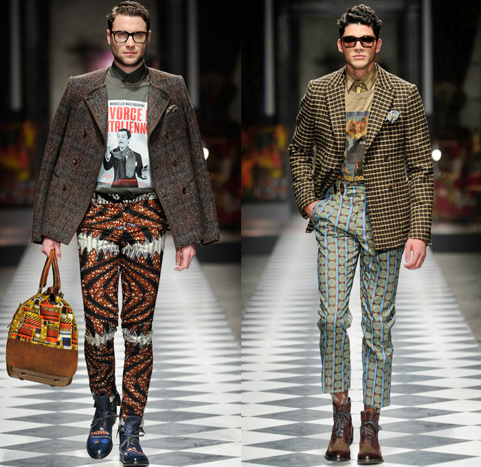 Stella Jean 2014-2015 Fall Autumn Winter Mens Runway Looks Fashion - Pitti Immagine Uomo 85 - Gentleman's Club British London Victorian Era Ornamental Prints Decorative Art Peacoat Checks Scarf Bomber Jacket Brogues Duffel Bag Nautical Trench Coat Psychedelic Motif Pattern Boots Layers Suit Robe Shawl Collar Dandy Dapper