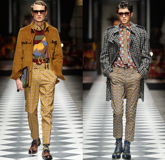 Stella Jean 2014-2015 Fall Autumn Winter Mens Runway Looks Fashion - Pitti Immagine Uomo 85 - Gentleman's Club British London Victorian Era Ornamental Prints Decorative Art Peacoat Checks Scarf Bomber Jacket Brogues Duffel Bag Nautical Trench Coat Psychedelic Motif Pattern Boots Layers Suit Robe Shawl Collar Dandy Dapper