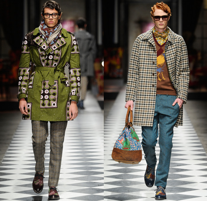 Stella Jean 2014-2015 Fall Autumn Winter Mens Runway Looks Fashion - Pitti Immagine Uomo 85 - Gentleman's Club British London Victorian Era Ornamental Prints Decorative Art Peacoat Checks Scarf Bomber Jacket Brogues Duffel Bag Nautical Trench Coat Psychedelic Motif Pattern Boots Layers Suit Robe Shawl Collar Dandy Dapper