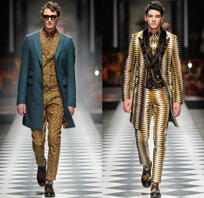 Stella Jean 2014-2015 Fall Autumn Winter Mens Runway Looks Fashion - Pitti Immagine Uomo 85 - Gentleman's Club British London Victorian Era Ornamental Prints Decorative Art Peacoat Checks Scarf Bomber Jacket Brogues Duffel Bag Nautical Trench Coat Psychedelic Motif Pattern Boots Layers Suit Robe Shawl Collar Dandy Dapper